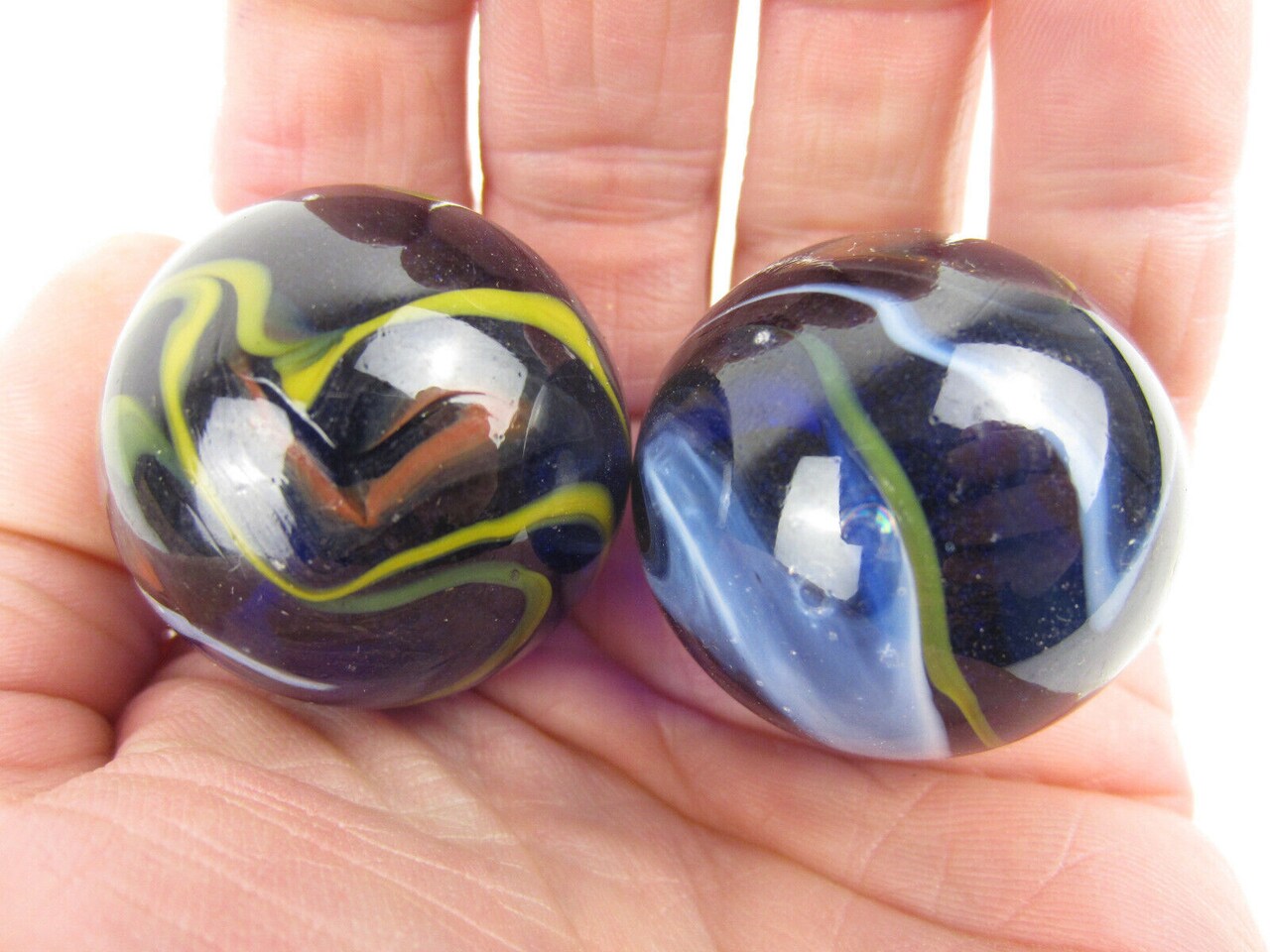 2 Boulders 35mm MICHELANGELO Marbles glass Clear Cobalt Blue Swirl